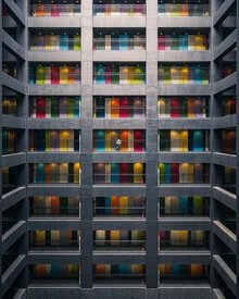 Colorful photo art featuring symmetrical patterns of buildings in Tokyo