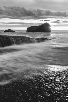 Black and white photo art: tranquil landscape with midnight sun in Norway