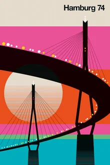 Colorful illustration of a bridge in Hamburg in a retro style
