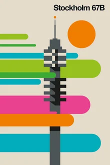 Colorful illustration of a tower in Stockholm with a retro style and cheerful mood.