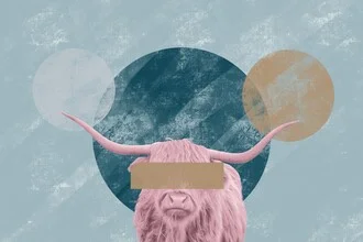 Wandbild von Sasha Lend: verspielter rosa Stier mit großen Hörnern auf einer Farm