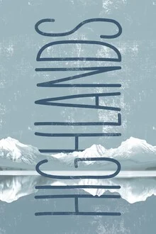 Illustration by Sasha Lend: peaceful highlands featuring mountains and a calm lake