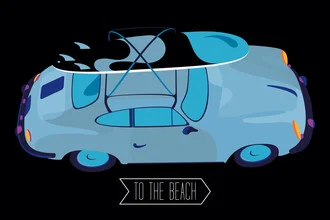 Wall art: Illustration of a car at the beach with a surfboard and blue sky