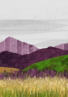 Wall art featuring purple mountains, gentle colors, and playful plants in a collage style.