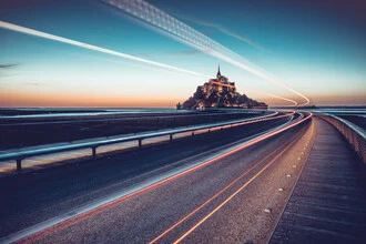 Photo art by Franz Sussbauer: calm bridge to Mont Saint Michel at dusk
