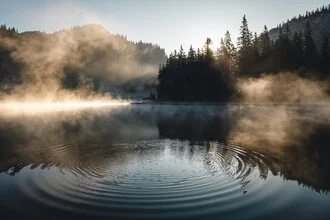 Gentle morning mood at the lake with soft colors and calm water