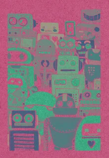 Wall art by Katherine Blower: friendly robots in a colorful collage
