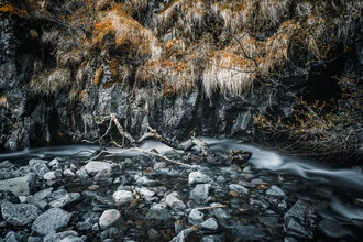 Small river in Iceland, surrounded by colorful autumn leaves and smooth stones