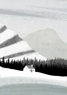 Wall art by Katherine Blower: winter landscape with snow-covered mountains and a cozy house