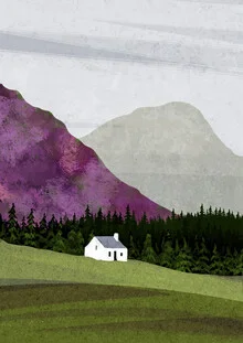 Illustration by Katherine Blower: gentle hills with purple heather in spring light