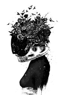 Illustration of an astronaut girl surrounded by flowers and butterflies in space