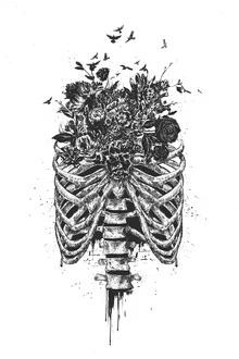 Wall art by Balazs Solti: floral design featuring a human skull