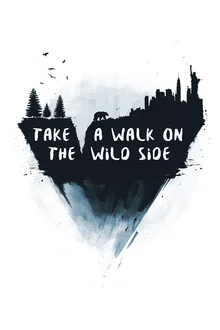 Wall art featuring a bear in a surreal city landscape.