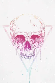 Wall art featuring a geometric skull within a triangle, playful colors and a grunge style.