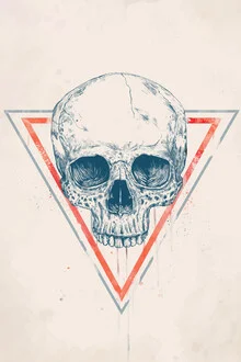 Wall art featuring a geometric skull in red and blue hues