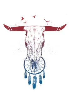 Wall art by Balazs Solti: surreal scene featuring a bull and skull in harmonious colors
