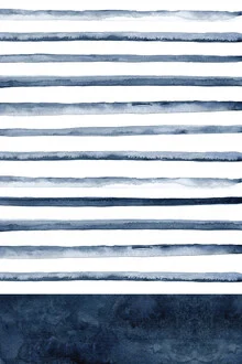 Wall art in soft blue tones with watercolor strokes creating flowing lines.