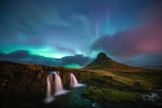 Photo art by Franz Sussbauer: Kirkjufell waterfall with Northern Lights under cloudy sky