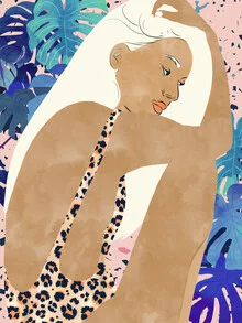 Illustration by Uma Gokhale: a cheerful woman in a tropical swimsuit among lush leaves.