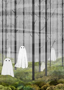 Illustration by Katherine Blower: a mysterious forest with ghosts in spring