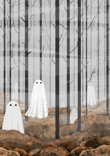 Illustration by Katherine Blower: Misty forest with ghosts in an autumn setting