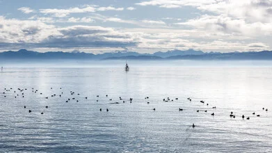 Photo art by Nicklas Walther: tranquil view of Lake Constance with mountains in the background.