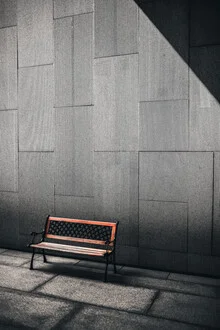 Minimal photo art of a grey bench in a tranquil setting in Thailand