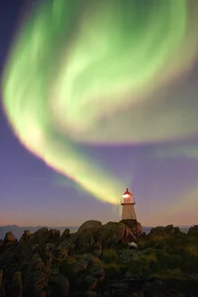 Photo art by Lars Almeroth: Northern lights over a lighthouse in Norway.