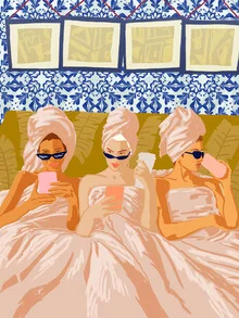 Illustration by Uma Gokhale: women in a relaxing spa setting with banana leaves.