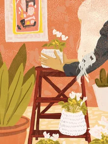 Wall art featuring a woman in a jungle, surrounded by plants, creating a calm mood.