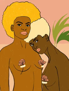 Illustration by Uma Gokhale: women in colorful, boho-inspired embraces