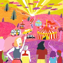Wall art of a joyful carousel ride at an amusement park during sunset