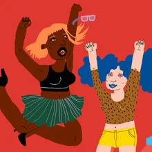 Colorful wall art by Ezra W. Smith: cheerful girls dancing with blue hair