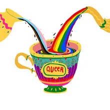 Illustration of a queer cup with colorful design and cheerful mood.
