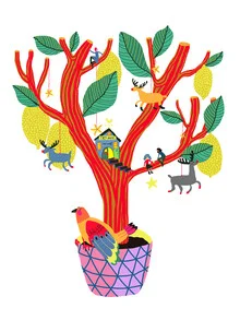 Illustration of a lemon tree with fresh fruits against a calming, sunny background