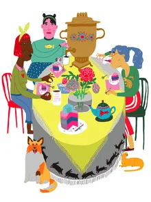 Illustration of a tea party with children, delicious pastries, and a samovar