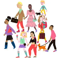 Illustration of diverse people walking together.