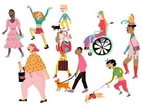 Illustration of people walking alongside animals, conveying a friendly atmosphere