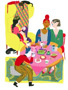 Illustration von Ezra W. Smith: Frauen genießen Tee und Kuchen in entspannter Atmosphäre