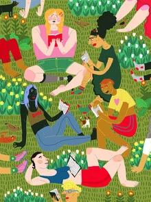 Illustration of children reading books in a park, cheerful atmosphere.