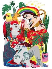 Illustration by Ezra W. Smith: two sisters surrounded by vibrant rainbow and tropical plants