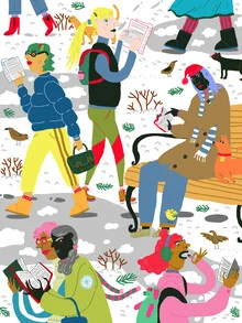 Wall art by Ezra W. Smith: a cozy winter reading club with books.