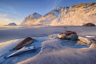 Photo art by Rolf Schnepp: Haukland beach at dusk with mountain reflections.