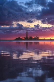 Photo art by Jean Claude Castor: Flügge lighthouse on Fehmarn at sunset