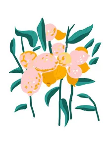 Wall art featuring a stylish lemon and leaves, soft colors, and a fruity vibe.