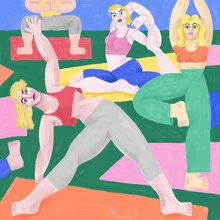 Wandbild von My Name Is Cépé: Frauen in Yoga-Pose, sanfte Farben, entspannte Atmosphäre