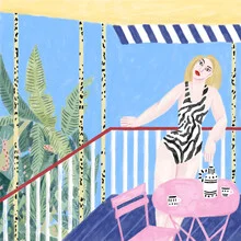 Wall art featuring tropical palm trees and a balcony in summer light