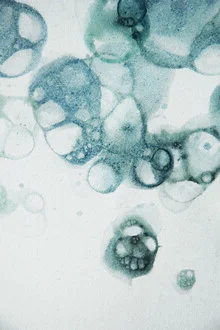 Abstraktes Wandbild in Blau mit sanften Wasserfarbe-Bubbles.