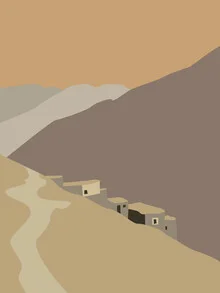 Wandbild von Julie Becquart: Dorf im Schatten der Berge mit einem ruhigen Weg