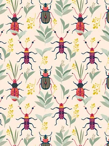 Illustration by Uma Gokhale: colorful bugs on leaves in a tropical style
